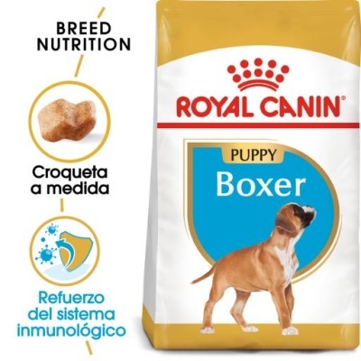 Embalagem de ração para filhote Boxer Royal Canin com textos em espanhol.