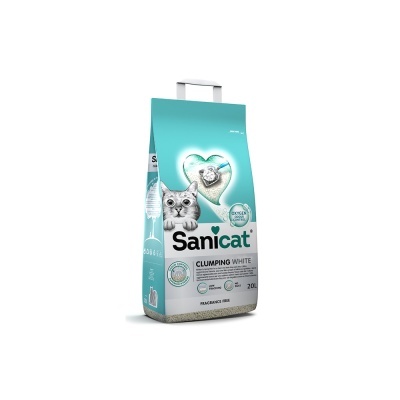 Pacote azul e branco de areia para gato Sanicat Clumping White 20 litros