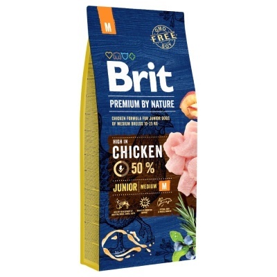 Embalagem azul e amarela de ração Brit Premium by Nature para cães juniores, sabor frango, 50% frango, porte médio