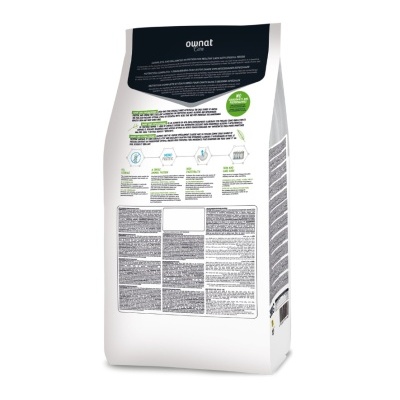 Embalagem branca e preta da ração para cão Ownat vista de trás.