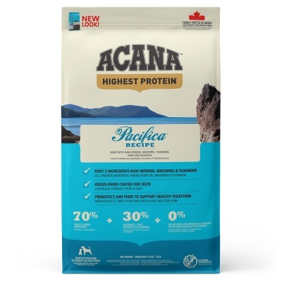 Embalagem de ração Acana Pacifica Highest Protein azul e branca