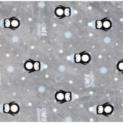 Tecido cinzento com padrão de pinguins, flocos de neve e texto 'Selin Choice'