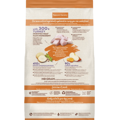 Saco de ração Nature's Variety com texto e ilustrações de ingredientes