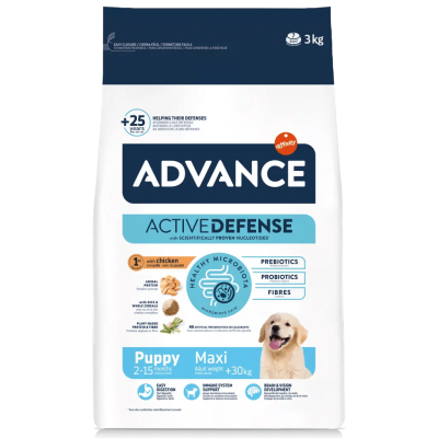 Saco de ração Advance Active Defense para cachorros Puppy Maxi, 3 kg, com frango, prebióticos, probióticos, fibras.