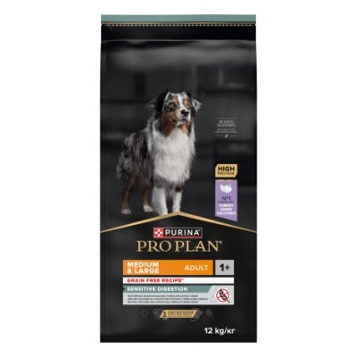 Saco preto de ração Purina Pro Plan para cães adultos de porte médio e grande, 12 kg.