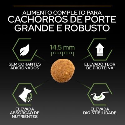 Imagem de alimento completo para cachorros de grande porte com características nutricionais e uma ração no centro.
