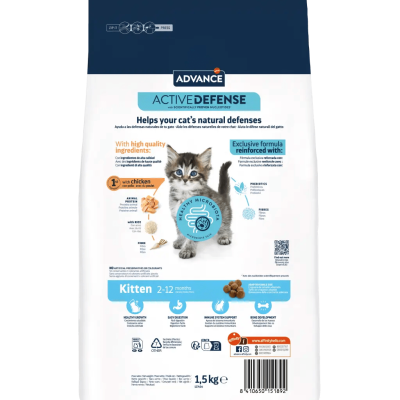 Saco de ração Advance Active Defense Kitten para gatos filhotes, branco e azul, 1,5 kg