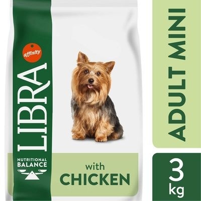 Embalagem de ração para cães Adult Mini com frango, 3 kg, marca Libra.