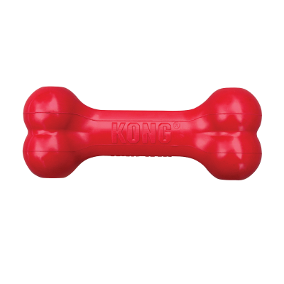 Brinquedo para cães vermelho em forma de osso com a marca KONG