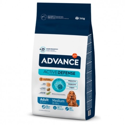 Embalagem de comida para cães Advance Active Defense para adultos porte médio, azul e branco