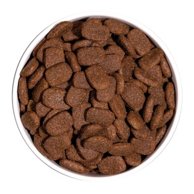 Recipiente branco cheio de ração castanha escura vista de cima