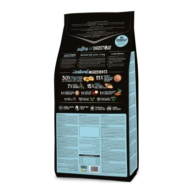 parte traseira de saco preto de ração para animais com texto informativo