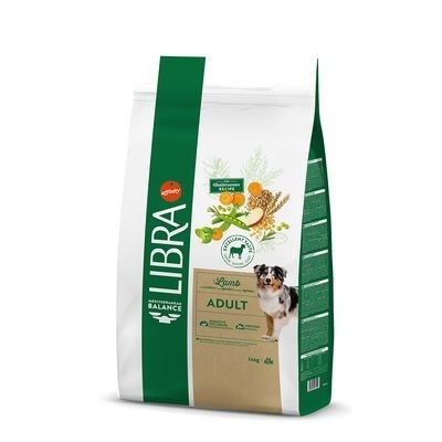 Embalagem de ração para cães LIBRA Adult com design verde e branco