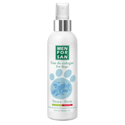 Frasco spray branco com rótulo verde e azul para colónia de cães