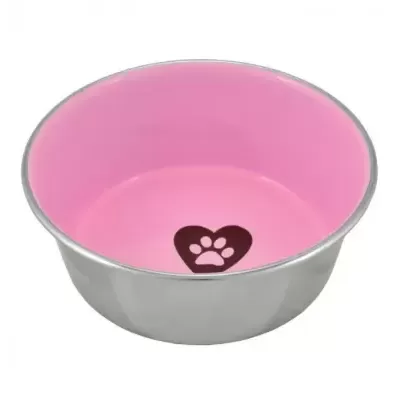 Comedouro para animais em plástico rosa com interior inox prateado e desenho de pata no fundo