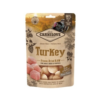 Pacote de petisco Carnilove Turkey para cães com 96% carne de peru, freeze-dried