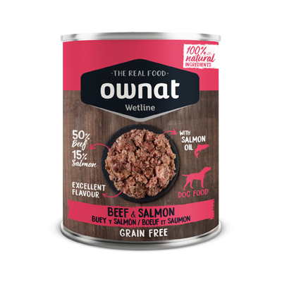Lata de comida para cão Ownat Wetline carne de vaca e salmão sem cereais