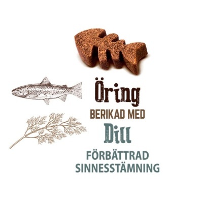 Biscoito em forma de espinha de peixe castanho com texto e ilustrações de peixe e erva