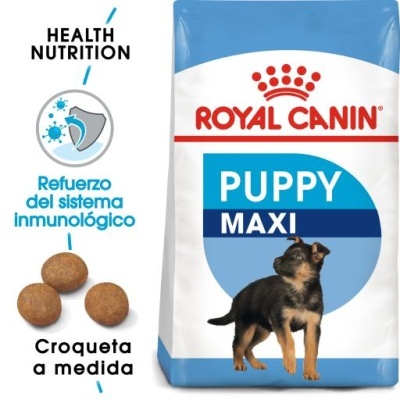 Embalagem de ração Royal Canin Puppy Maxi com imagem de cachorro e textos em espanhol