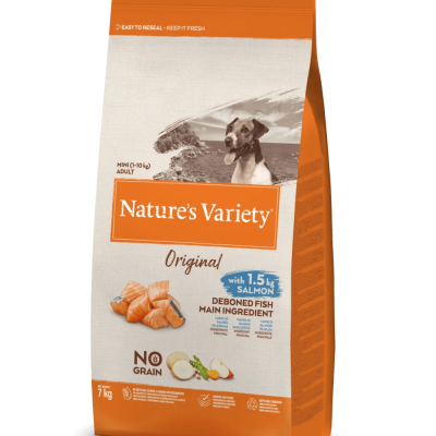 Saco de ração para cão Nature's Variety Original 7kg laranja e branco com salmão e cão na embalagem