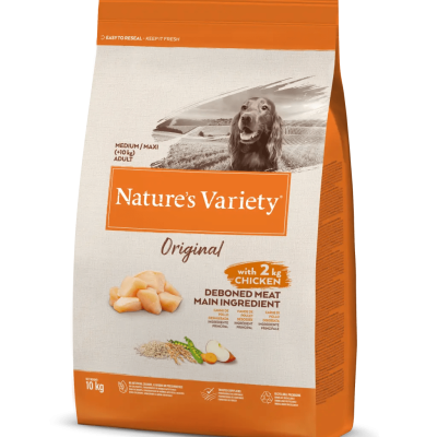 Saco de ração Nature's Variety Original para cães médio/grande com 2kg frango, embalagem branca e laranja