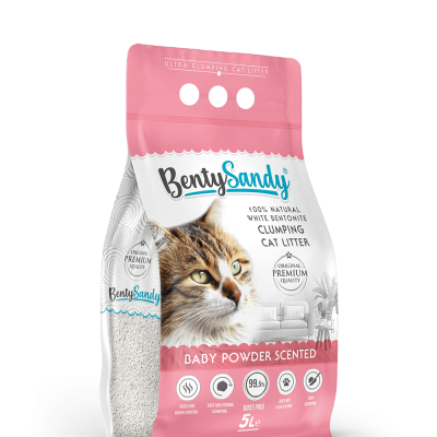 Saco rosa e branco de areia para gatos Benty Sandy com imagem de um gato