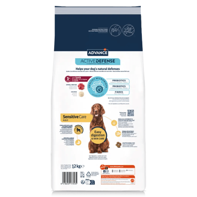 Embalagem de ração para cães Advance Active Defense Sensitive Care Adult 12 kg com imagem de cão castanho e texto informativo