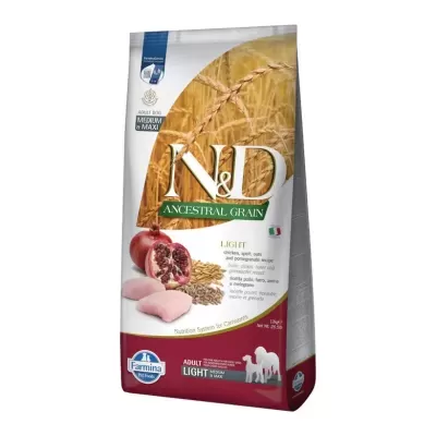 Pacote de ração para cães N&D Ancestral Grain Light com romã, grãos e pedaços de carne