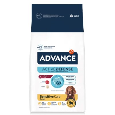 Saco de ração ADVANCE Active Defense Sensitive Care Adult 12 kg com imagem de cão e texto informativo