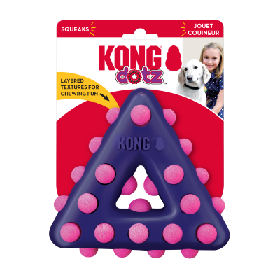 Brinquedo triangular para cão roxo com bolinhas cor-de-rosa em embalagem KONG dotz