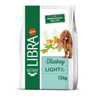 Embalagem de comida para cães Libra Light sabor Peru 12kg com imagem de cão castanho