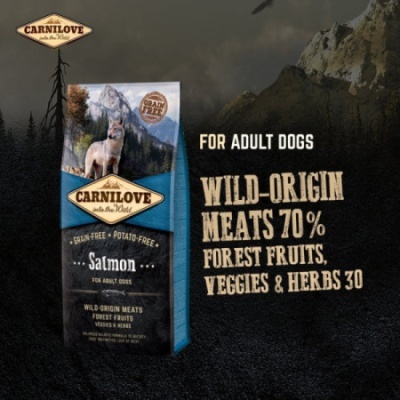 Embalagem de ração para cães CARNILOVE sabor Salmão com imagem de lobo e montanhas