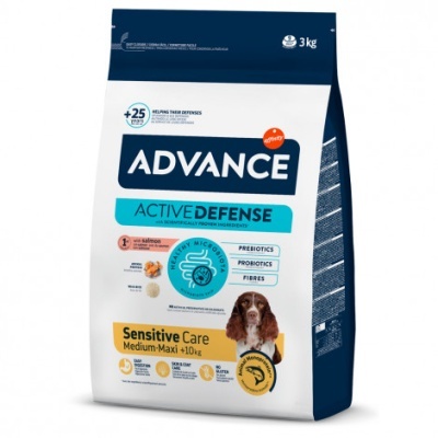 Saco de ração Advance Active Defense Sensitive Care com imagem de cão e destaque para ingredientes