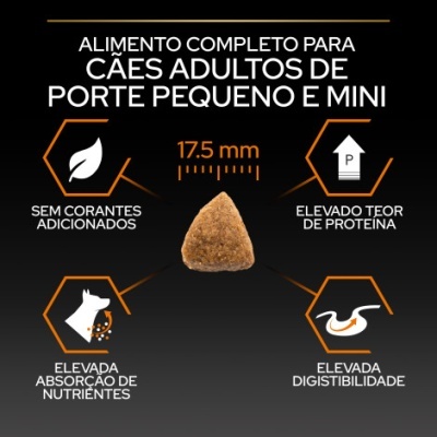 Alimento para cães adultos de porte pequeno e mini, croquete 17.5 mm e informações nutricionais.