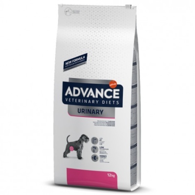 Saco branco de ração para cães ADVANCE Veterinary Diets Urinary com detalhes azuis e rosa