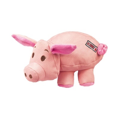 Pelucha porco cor-de-rosa com pormenores em rosa escuro e etiqueta KONG