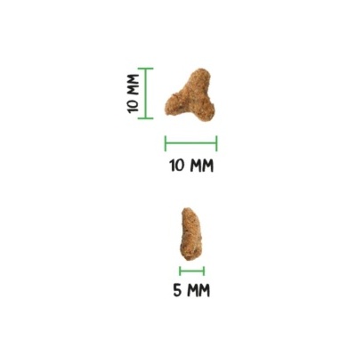 Pedaço de ração castanha com medidas 10 MM e 5 MM em fundo branco