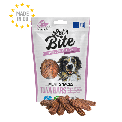Pacote de snacks para cães Let's Bite Tuna Bars com imagem de cão e barras de snack visíveis