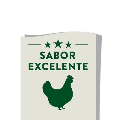 Etiqueta com texto 'SABOR EXCELENTE' e imagem de galinha