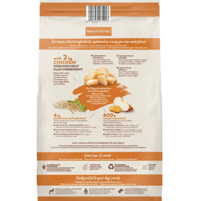 Embalagem de ração para cães Nature's Variety branca com detalhes laranja mostrando ingredientes principais ilustrados em fotos.