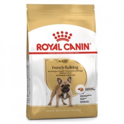 Saco de ração Royal Canin para bulldog francês adulto, com imagem do cão e texto descritivo