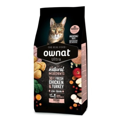 Saco de ração Ownat Ultra para gatos com imagem de gato e texto sobre ingredientes