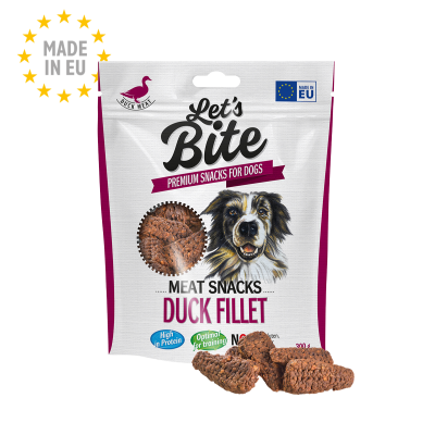 Embalagem de snacks para cães Let's Bite com filé de pato e logotipos de qualidade.