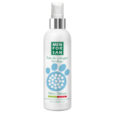 Frasco branco com spray prateado de Eau de cologne para cães MEN FOR SAN com design azul e texto