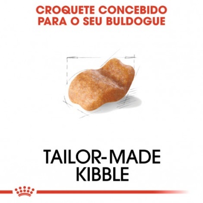 Croquete castanho claro para cão com texto promocional em vermelho e preto em fundo branco