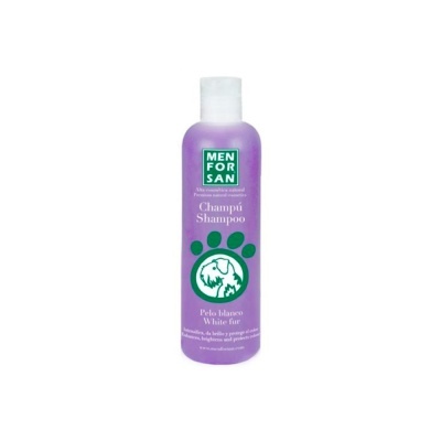 Frasco lilás de champô Men For San para pelo branco de cães