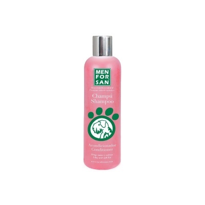 Frasco rosa de champô e condicionador MEN FOR SAN para animais com tampa prateada