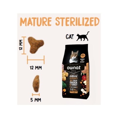 Embalagem preta de ração para gato Ownat Ultra Mature Sterilized com texto e imagens dos croquetes.