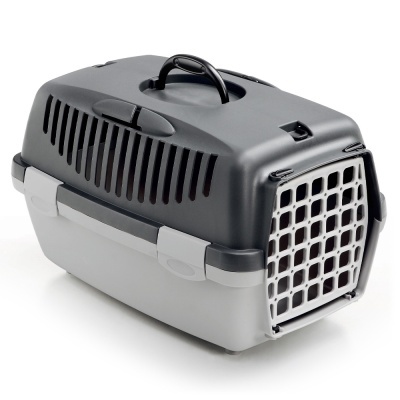 Transportadora para animais de estimação em plástico cinzento e preto