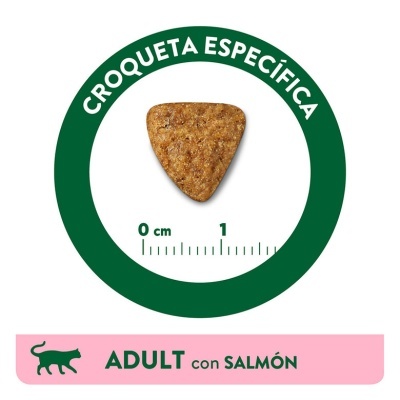 Croqueta triangular castanha para gato, texto 'CROQUETA ESPECÍFICA' e 'ADULT con SALMÓN' em fundo branco
